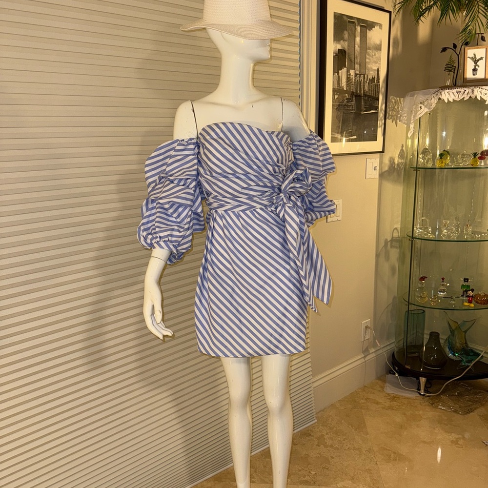 Blue and White Striped Off-Shoulder Dress